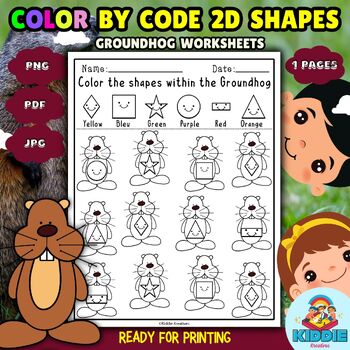 Preview of Groundhogs Day Pre-k Activities: Color By Shapes Code Math Printable Worksheets