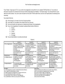 Preview of Group Tik Tok Dance Assignment Sheet with Rubric