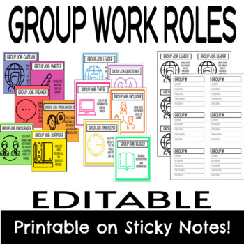 Preview of Group Work Roles / Jobs - Sticky Notes or Cards - Editable