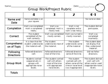 Preview of Group Work or Project Rubric
