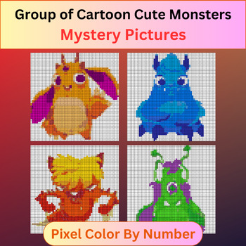 Preview of Group of Cartoon Cute Monsters - Pixel Art Color By Number / Mystery Pictures