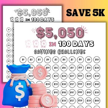 Preview of Grow Your Savings: 5k in 100 Days Savings Tracker Challenge - Printable PDF File