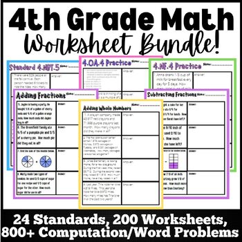 Preview of 4th Grade Math Word Problem Practice Test Prep Review Worksheet BUNDLE!