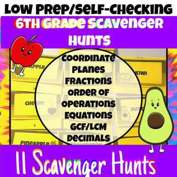 Preview of 6th Grade Math Scavenger Hunts Bundle/Self-Checking & Low Prep Activities