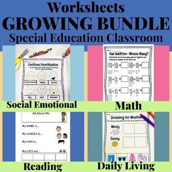 Preview of Growing Bundle All Special Education Worksheets Life Skills SEL Reading Math