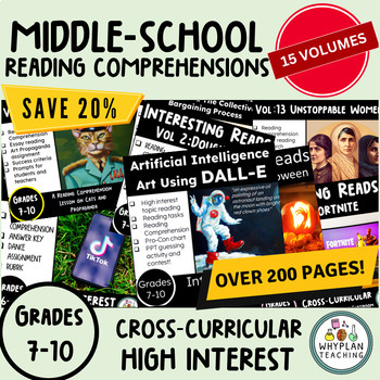 Preview of Middle School Reading Comprehensions and Activities - Bundle - 15 Vols