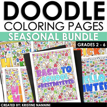 Preview of Seasonal Doodle Coloring Pages | End of the Year Coloring Sheets BUNDLE