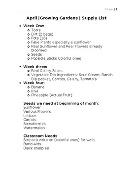 Preview of Growing Gardens Theme Weekly Planner and Supply List