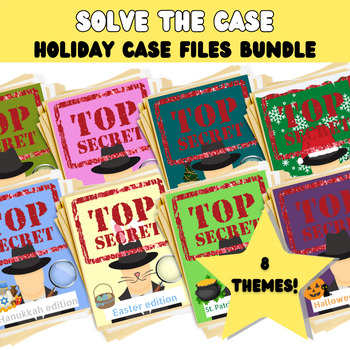 Preview of Solve The Case Holiday Bundle | Guess Who Game |Decode the Text | Mystery puzzle