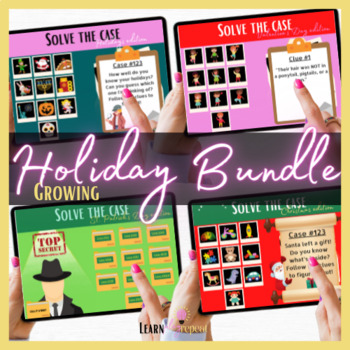 Preview of Growing Holiday Bundle, Solve the case puzzle, BOOM CARDS interactive game