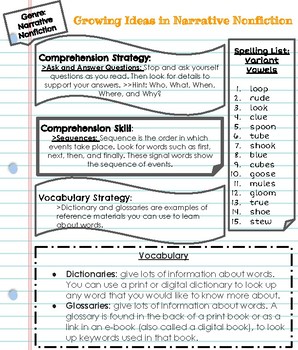 Preview of Growing Ideas in Narrative Nonfiction: Reading Skills Homework Guide