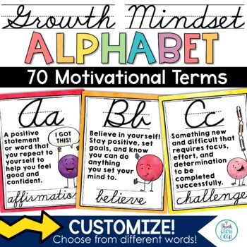 Preview of Growth Mindset Alphabet Cursive Posters Display Motivational Bulletin Board