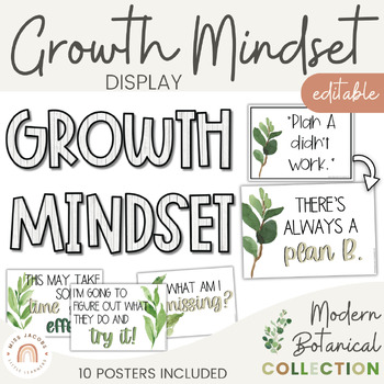 Preview of Growth Mindset Bulletin Board | Modern Greenery Farmhouse Botanical Decor