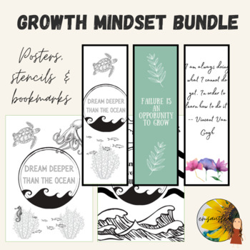 Preview of Growth Mindset Bundle: Bookmarks, Posters and Colouring Stencils