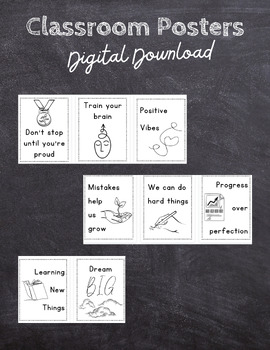 Preview of Growth Mindset Classroom Posters - BW Printing - Digital Download