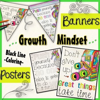 Preview of Growth Mindset Coloring Banners & Posters Stress Management End of the Year