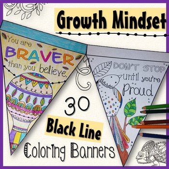 Preview of Growth Mindset Coloring Banners Stress Management Back to School Class Decor