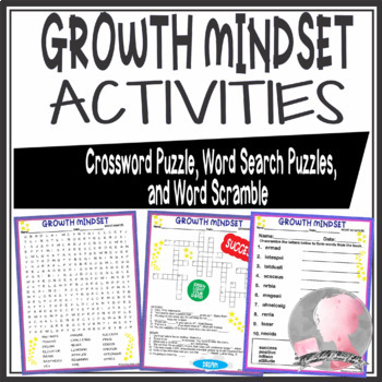Preview of Growth Mindset Activities Crossword Puzzle Word Searches Word Scramble