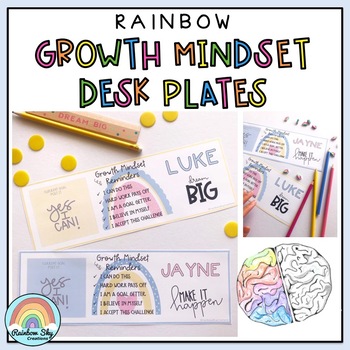 Preview of Growth Mindset Desk plates | Desk Name tags | Modern Pastel Rainbow
