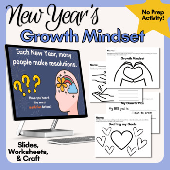 Preview of Growth Mindset Goal Setting New Year's NO PREP Slides, Craft, & Activity