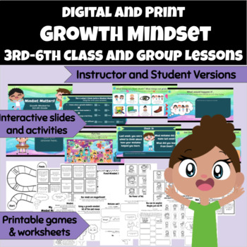 Preview of Growth Mindset Group/Lessons Digital & Print-Workbooks Activities Games 3rd-6th