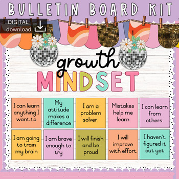 Preview of Growth Mindset - Mental Health Bulletin Board Kit - Pastel Rainbow Decor