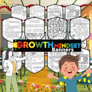 Preview of Growth Mindset Banners Coloring- Bunting Flags Growth Mindset For Your Classroom