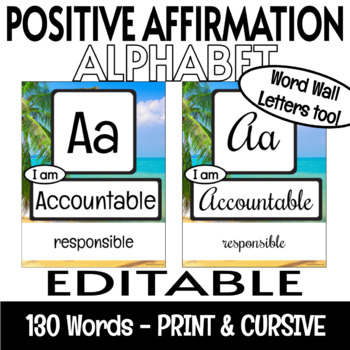 Preview of Growth Mindset Positive Affirmations EDITABLE Alphabet Posters Beach