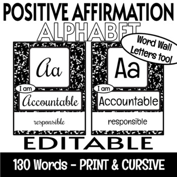 Preview of Growth Mindset Positive Affirmations EDITABLE Alphabet Posters Black and White