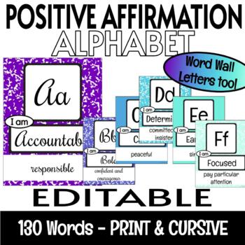 Preview of Growth Mindset Positive Affirmations EDITABLE Alphabet Posters Blue Purple