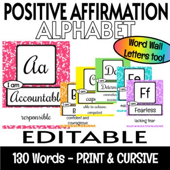 Preview of Growth Mindset Positive Affirmations EDITABLE Alphabet Posters Brights