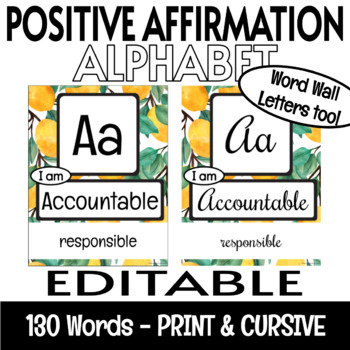 Preview of Growth Mindset Positive Affirmations EDITABLE Alphabet Posters Lemon