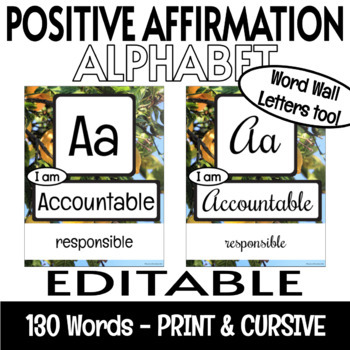 Preview of Growth Mindset Positive Affirmations EDITABLE Alphabet Posters Lemon