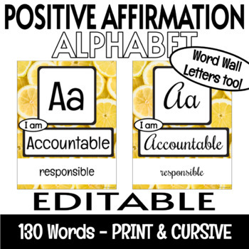 Preview of Growth Mindset Positive Affirmations EDITABLE Alphabet Posters Lemon