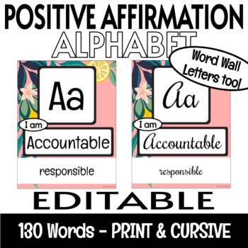 Preview of Growth Mindset Positive Affirmations EDITABLE Alphabet Posters Lemon Pink