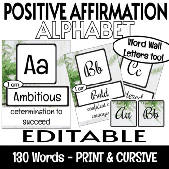 Preview of Growth Mindset Positive Affirmations EDITABLE Alphabet Posters Modern Farmhouse