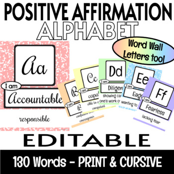 Preview of Growth Mindset Positive Affirmations EDITABLE Alphabet Posters Pastel Decor