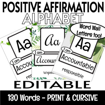 Preview of Growth Mindset Positive Affirmations EDITABLE Alphabet Posters Plant Decor