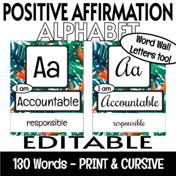 Preview of Growth Mindset Positive Affirmations EDITABLE Alphabet Posters Tropical