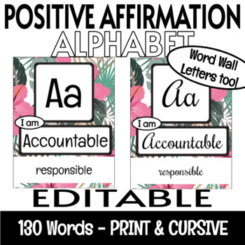 Preview of Growth Mindset Positive Affirmations EDITABLE Alphabet Posters Tropical Hibiscus