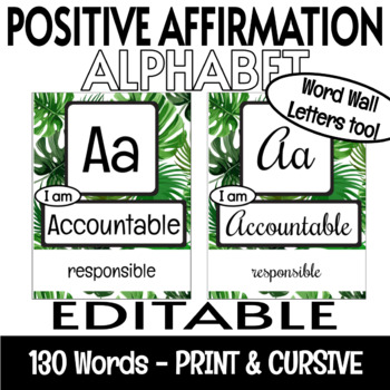 Preview of Growth Mindset Positive Affirmations EDITABLE Alphabet Posters Tropical Leaves