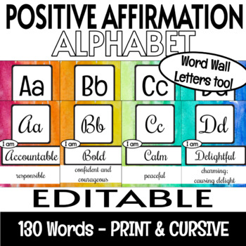 Preview of Growth Mindset Positive Affirmations EDITABLE Alphabet Posters Watercolor