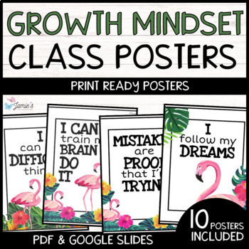 Preview of Growth Mindset Poster Display Flamingo Classroom Decor and Bulletin Board