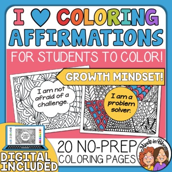 Preview of Coloring Pages - Growth Mindset Affirmations - Posters, Fast Finishers, and Fun!