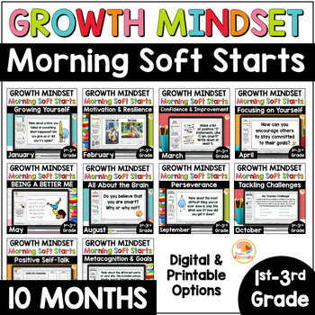 Preview of Growth Mindset Soft Start Morning Meeting Warm-Ups YEAR LONG BUNDLE 1st-3rd Gr