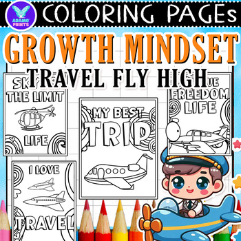 Preview of Growth Mindset Travel Fly High Coloring & Writing Paper Activities ELA No PREP