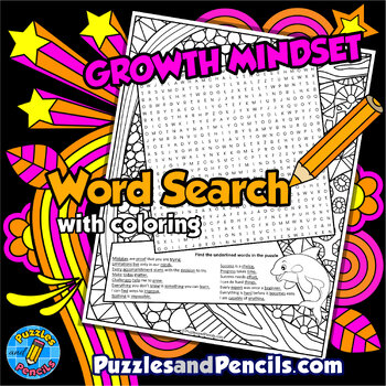 Preview of Growth Mindset Word Search Puzzle Activity Page with Mindfulness Coloring