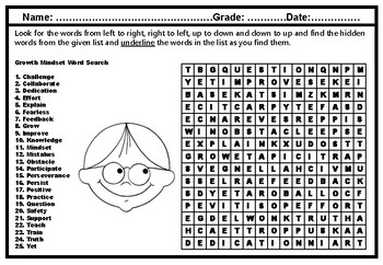 Preview of Growth Mindset Word Search Puzzle Worksheet, No Prep Sub Plan