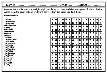 Preview of Growth Mindset Word Search Worksheets Set 2, Growth Mindset Activities Sub Plan