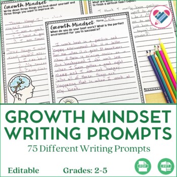 Preview of Growth Mindset Writing Prompts EDITABLE